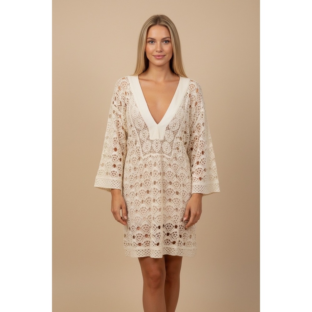 Brittany Black Crochet V-Neck Tunic Dress XL Ivory Boho Cotton Cover Up